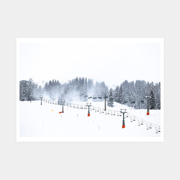 Chairlifts in the Mist, Lech, mountain art print by Natasha Durlacher