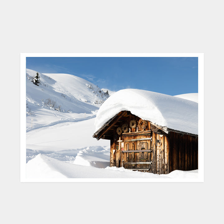 Frosted Hut, Lech, mountain art print by Natasha Durlacher