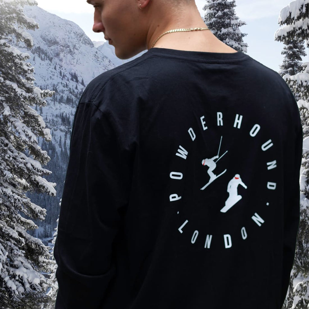 Powderhound Black Long Sleeve T-shirt (white Skier) Powderhoundlondon