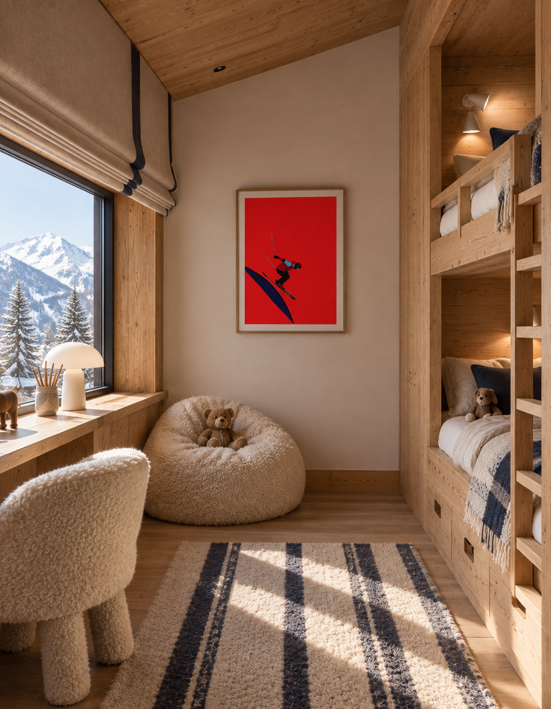 A bunk room with a red artwork